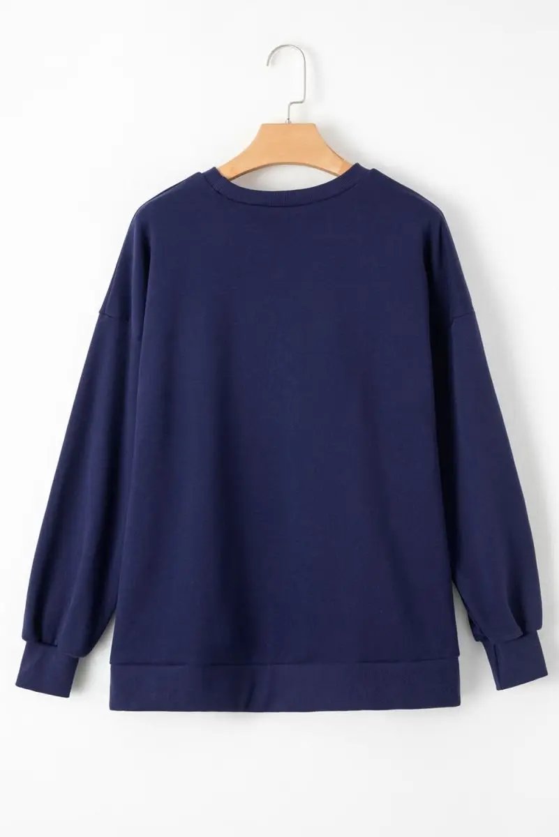 Navy Blue Solid Fleece Lined Drop Shoulder High Low Sweatshirt - Love Salve 