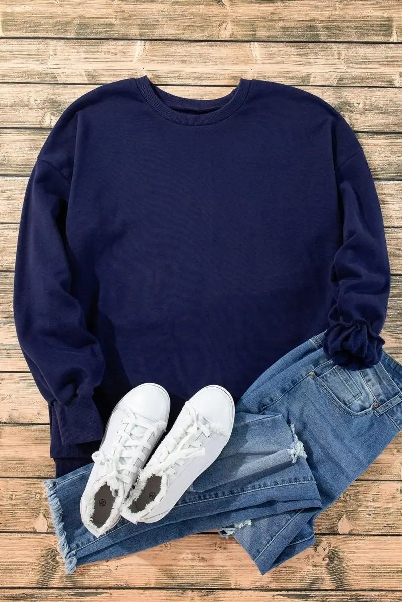 Navy Blue Solid Fleece Lined Drop Shoulder High Low Sweatshirt - Love Salve 