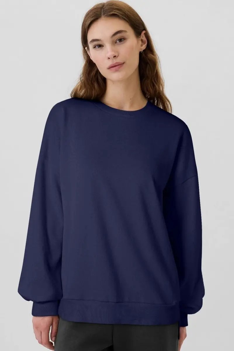 Navy Blue Solid Fleece Lined Drop Shoulder High Low Sweatshirt - Love Salve 