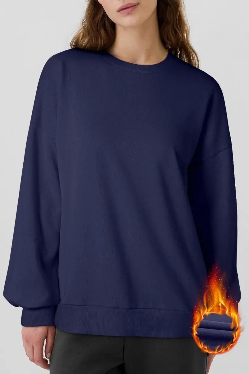 Navy Blue Solid Fleece Lined Drop Shoulder High Low Sweatshirt - Love Salve 