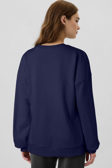 Navy Blue Solid Fleece Lined Drop Shoulder High Low Sweatshirt - Love Salve 