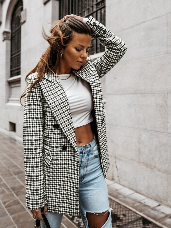 New Coat Button Plaid Printed Small Suit Women's Mid - Length Coat - Love Salve