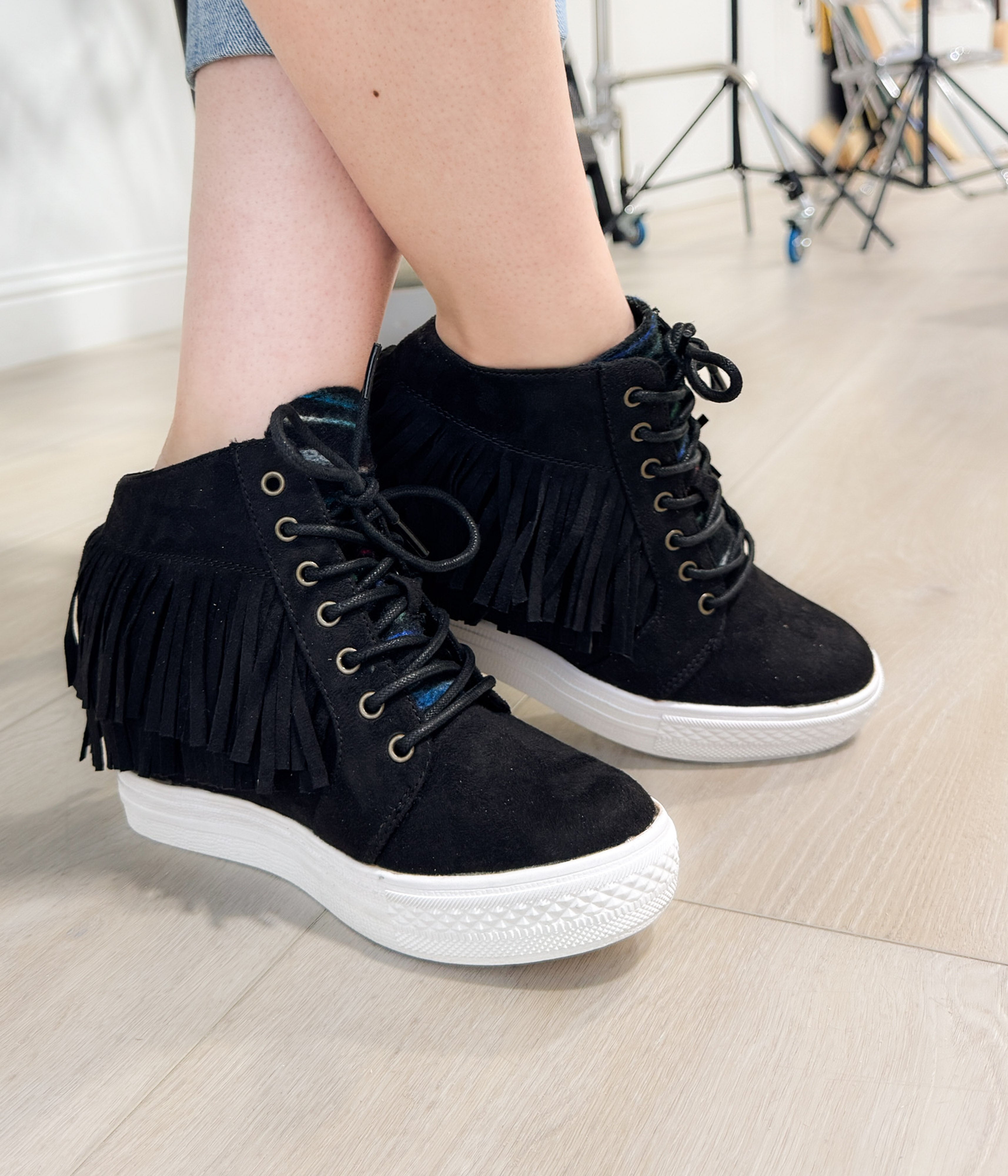 Nick Fringe Wedge Sneaker Black Suede With Fringe Detail Naughty Monkey