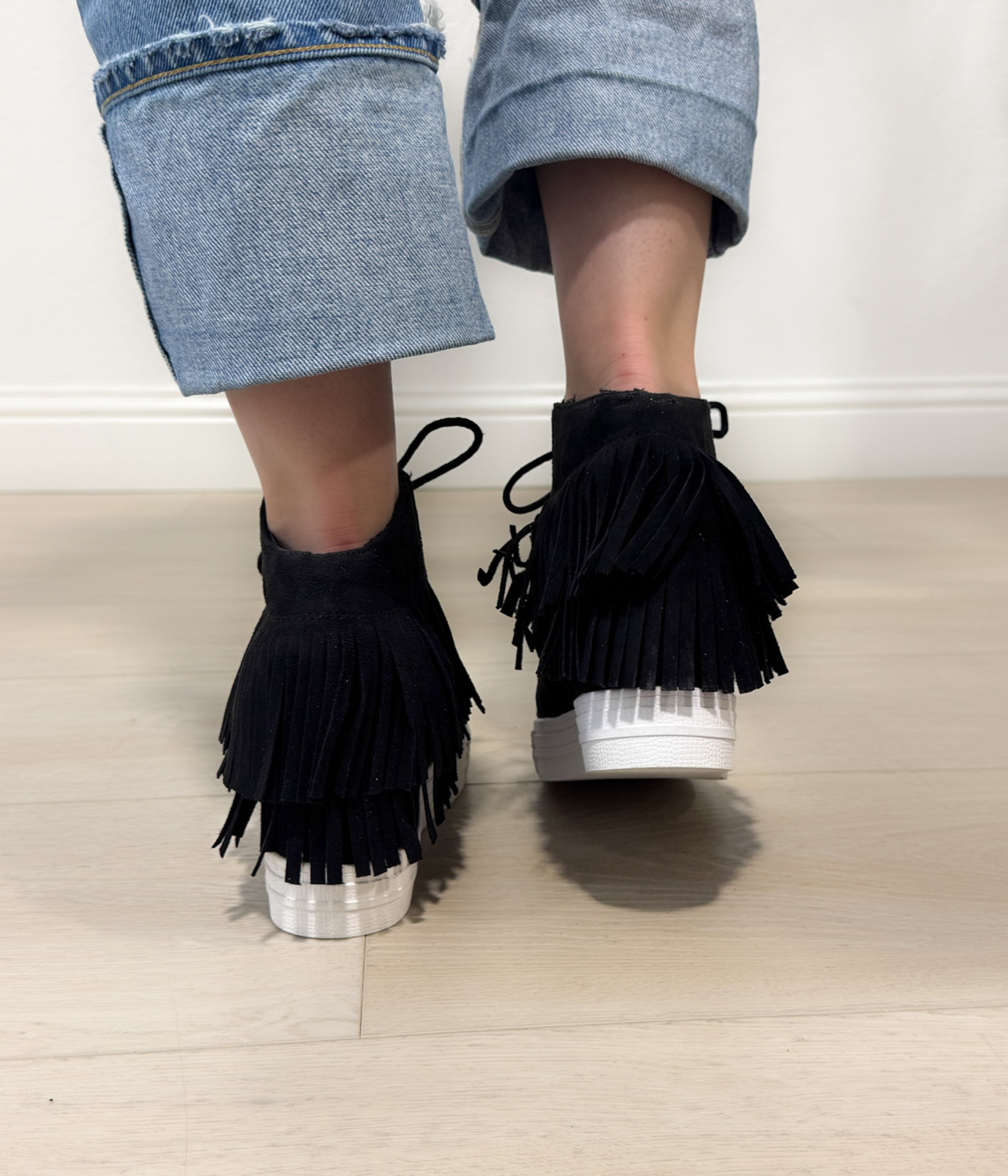 Nick Fringe Wedge Sneaker Black Suede With Fringe Detail Naughty Monkey