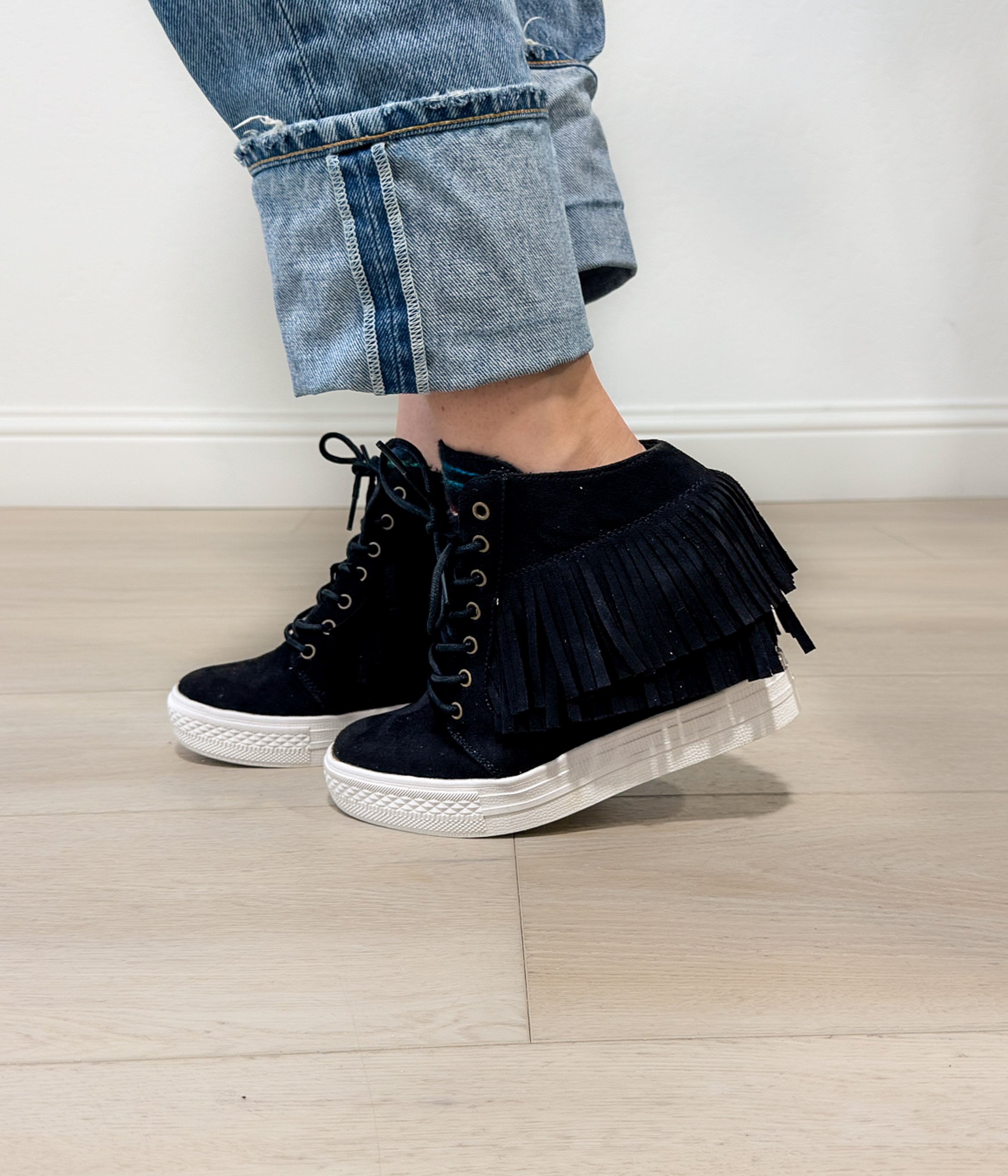Nick Fringe Wedge Sneaker Black Suede With Fringe Detail Naughty Monkey