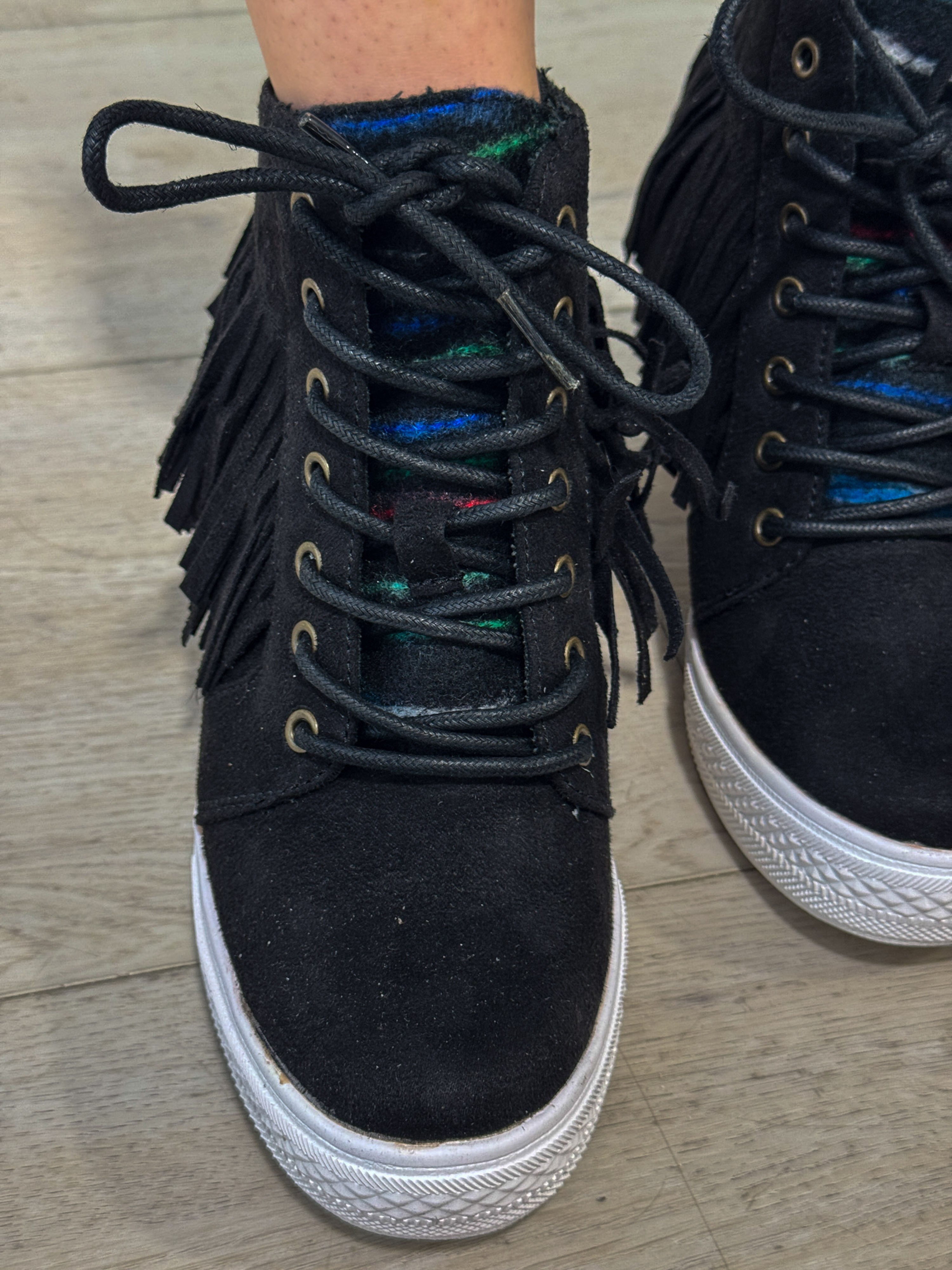 Nick Fringe Wedge Sneaker Black Suede With Fringe Detail Naughty Monkey