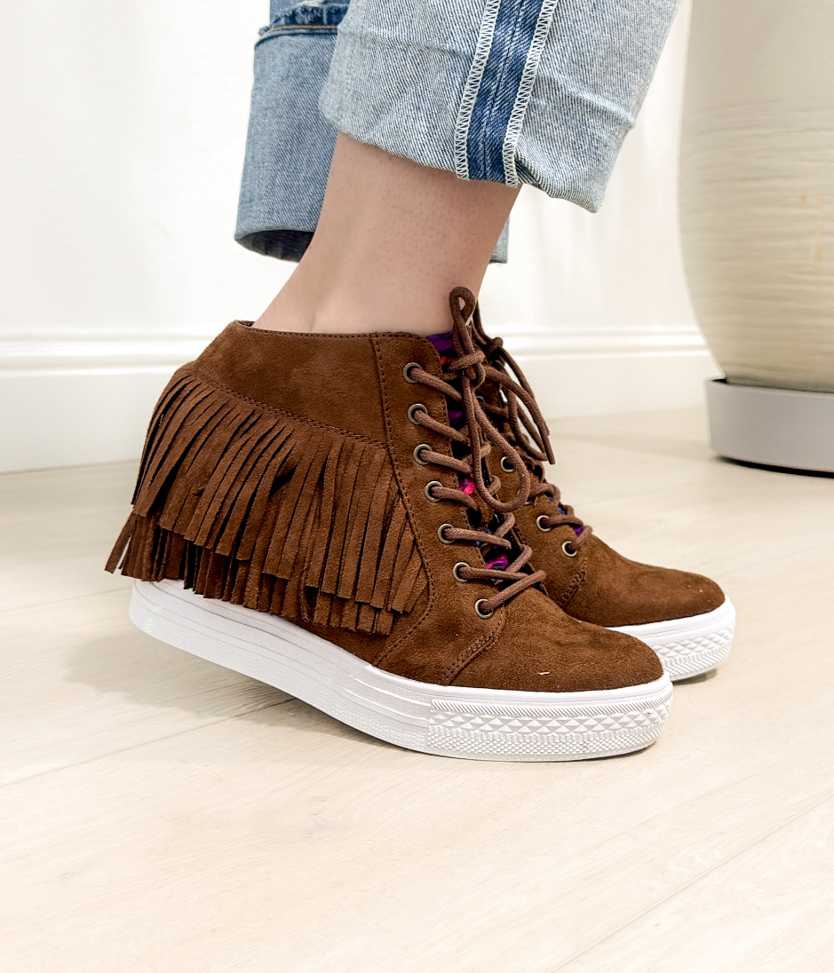 Nick Fringe Wedge Sneaker Brown Fringe Suede Style Naughty Monkey