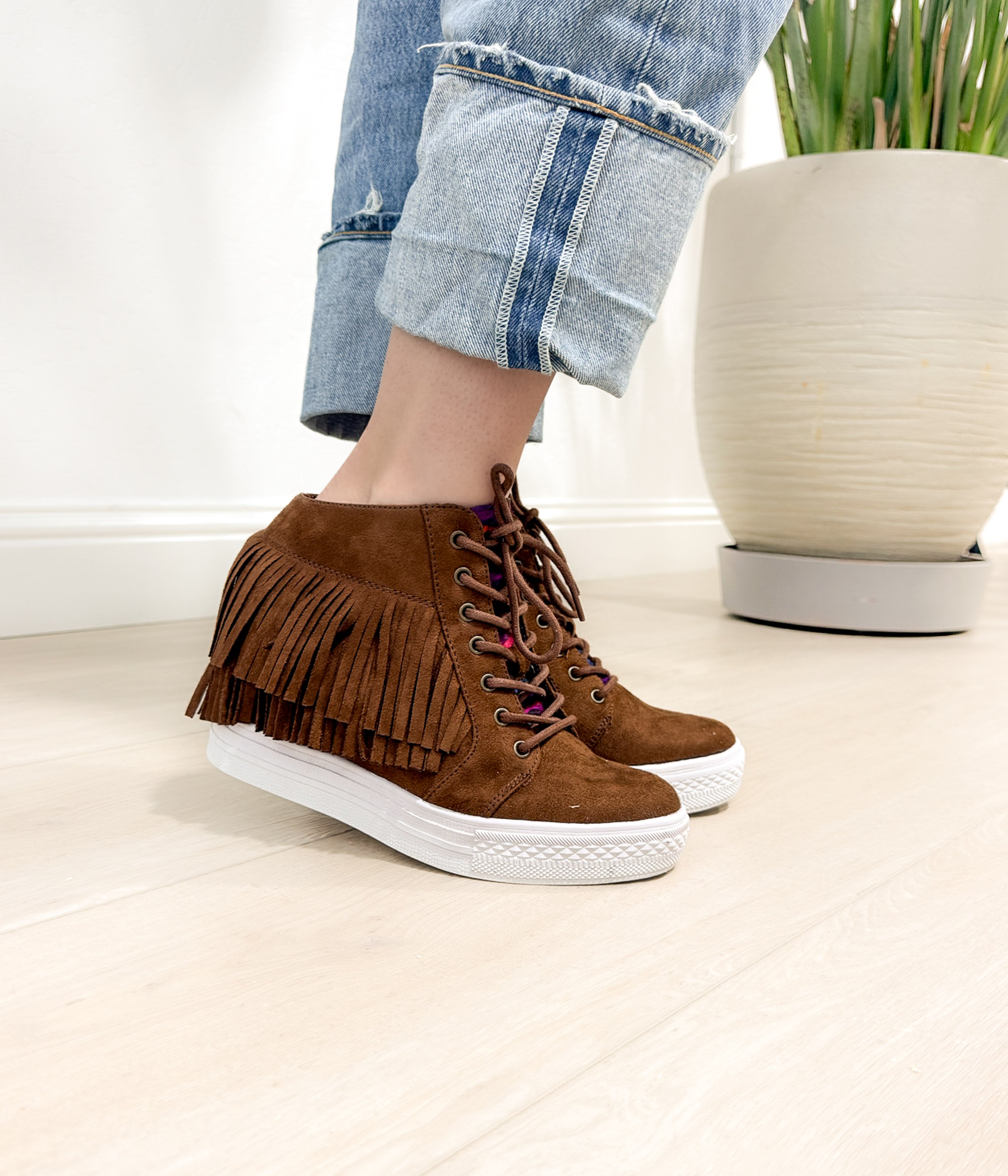 Nick Fringe Wedge Sneaker Brown Fringe Suede Style Naughty Monkey