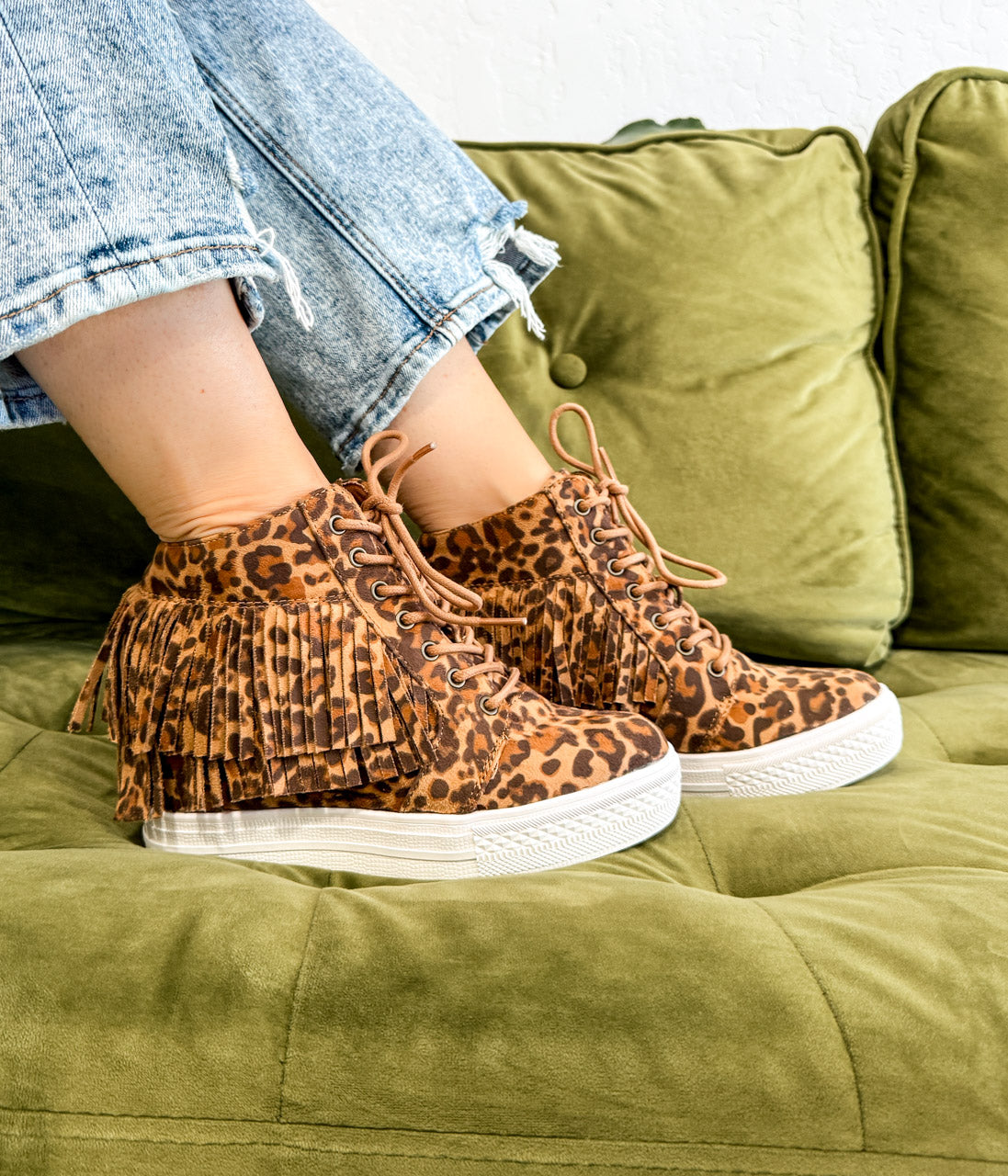 Nick Fringe Wedge Sneaker Leopard Print With Suede Fringe