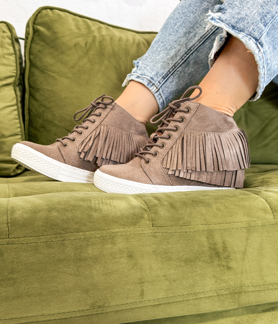 Nick Fringe Wedge Sneaker Taupe With Fringe Detailing Naughty Monkey