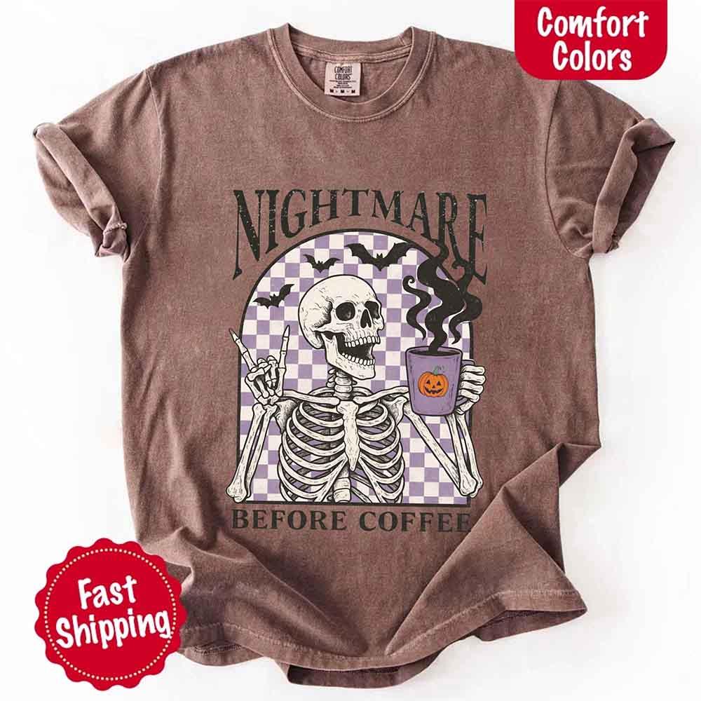 Adorb Custom Tees Nightmare Before Coffee Comfort Colors shirt worn, highlighting its relaxed fit and funny skeleton design.