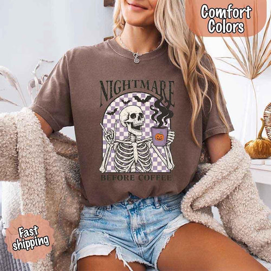 Adorb Custom Tees Nightmare Before Coffee Comfort Colors Shirt, a funny skeleton Halloween tee for coffee lovers.