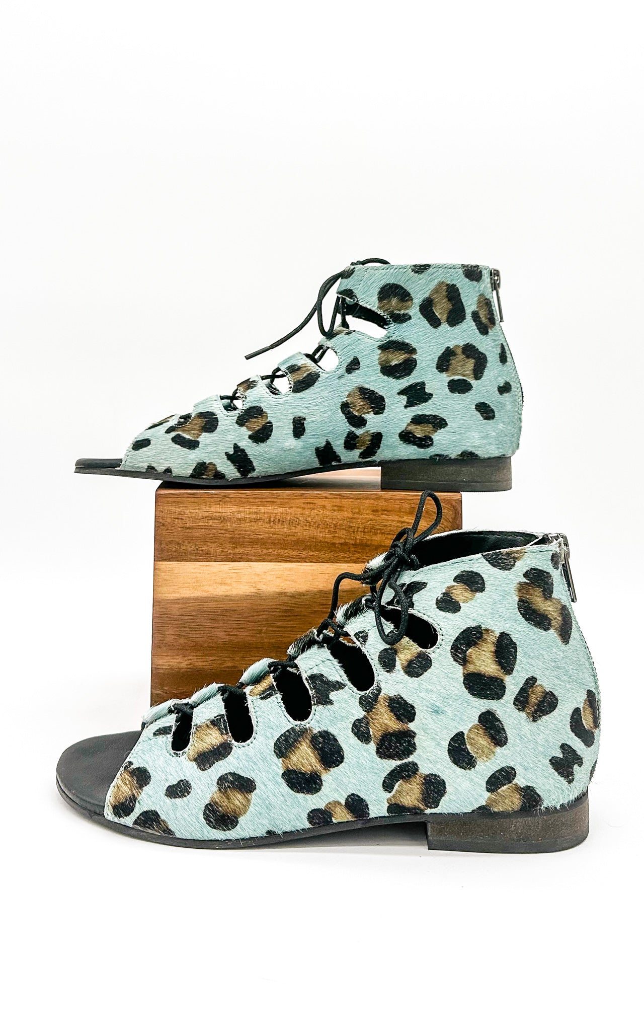 Teal Nola Gladiator Sandals With Leopard Print Cutouts Lace Up Front Back Zip