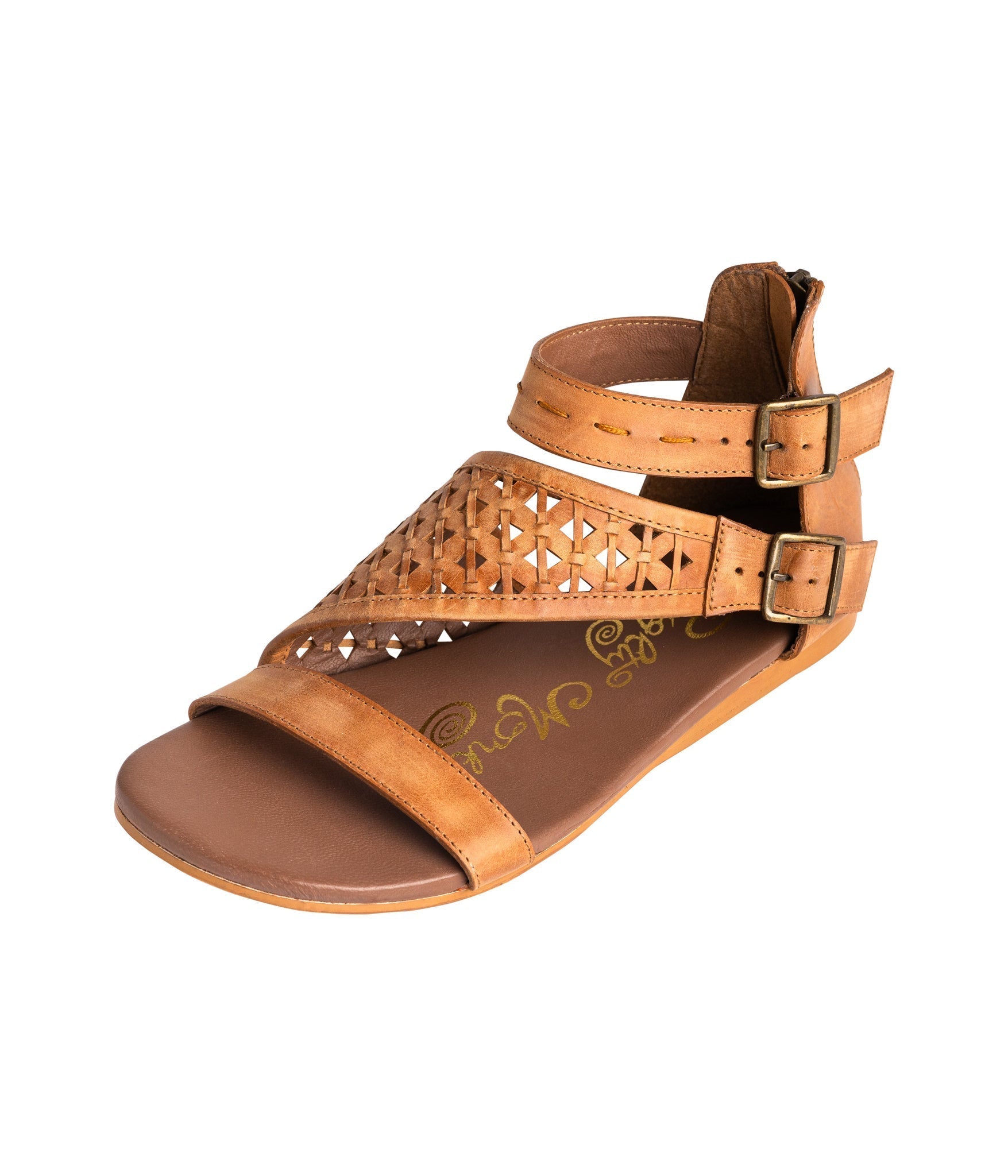 Nora Tan Sandals Flat Open Toe With Back Zipper And Straps Naughty Monkey