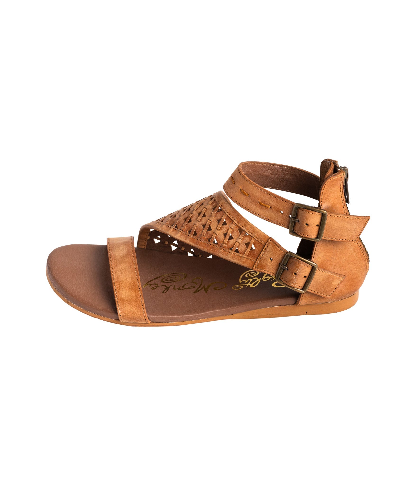 Nora Tan Sandals Flat Open Toe With Back Zipper And Straps Naughty Monkey