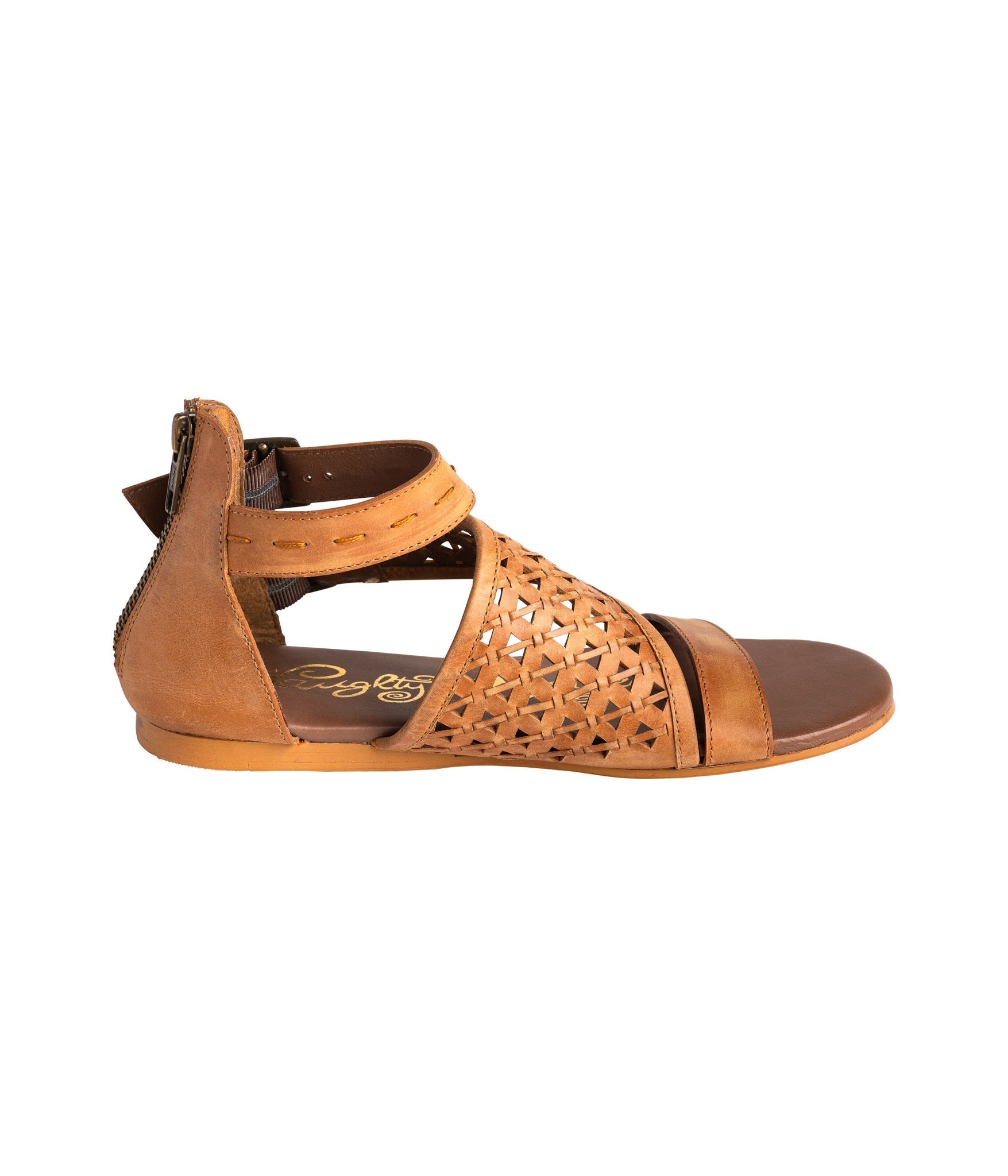 Nora Tan Sandals Flat Open Toe With Back Zipper And Straps Naughty Monkey