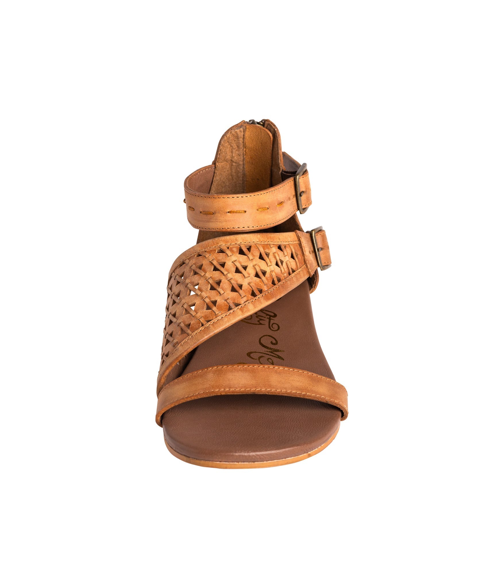 Nora Tan Sandals Flat Open Toe With Back Zipper And Straps Naughty Monkey