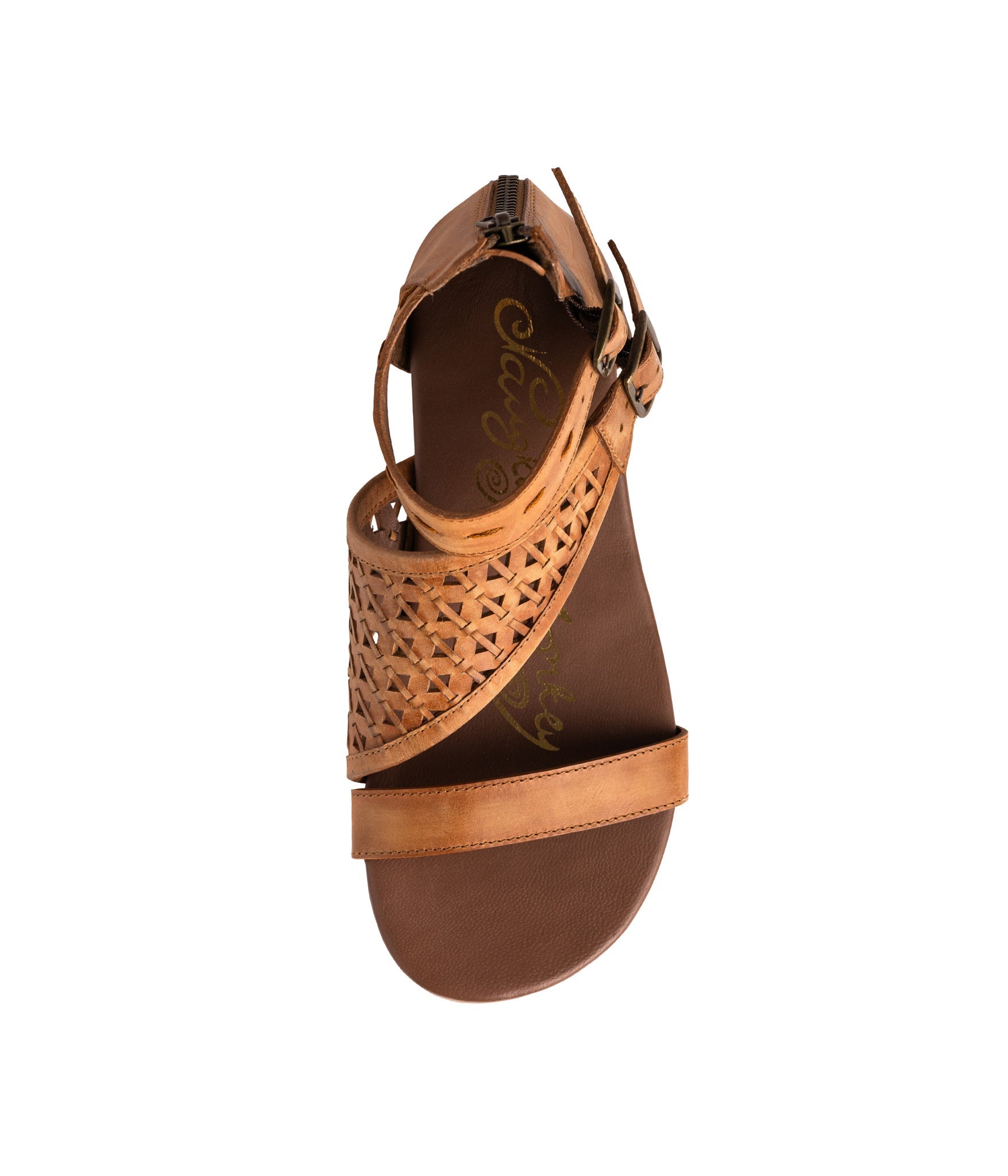 Nora Tan Sandals Flat Open Toe With Back Zipper And Straps Naughty Monkey