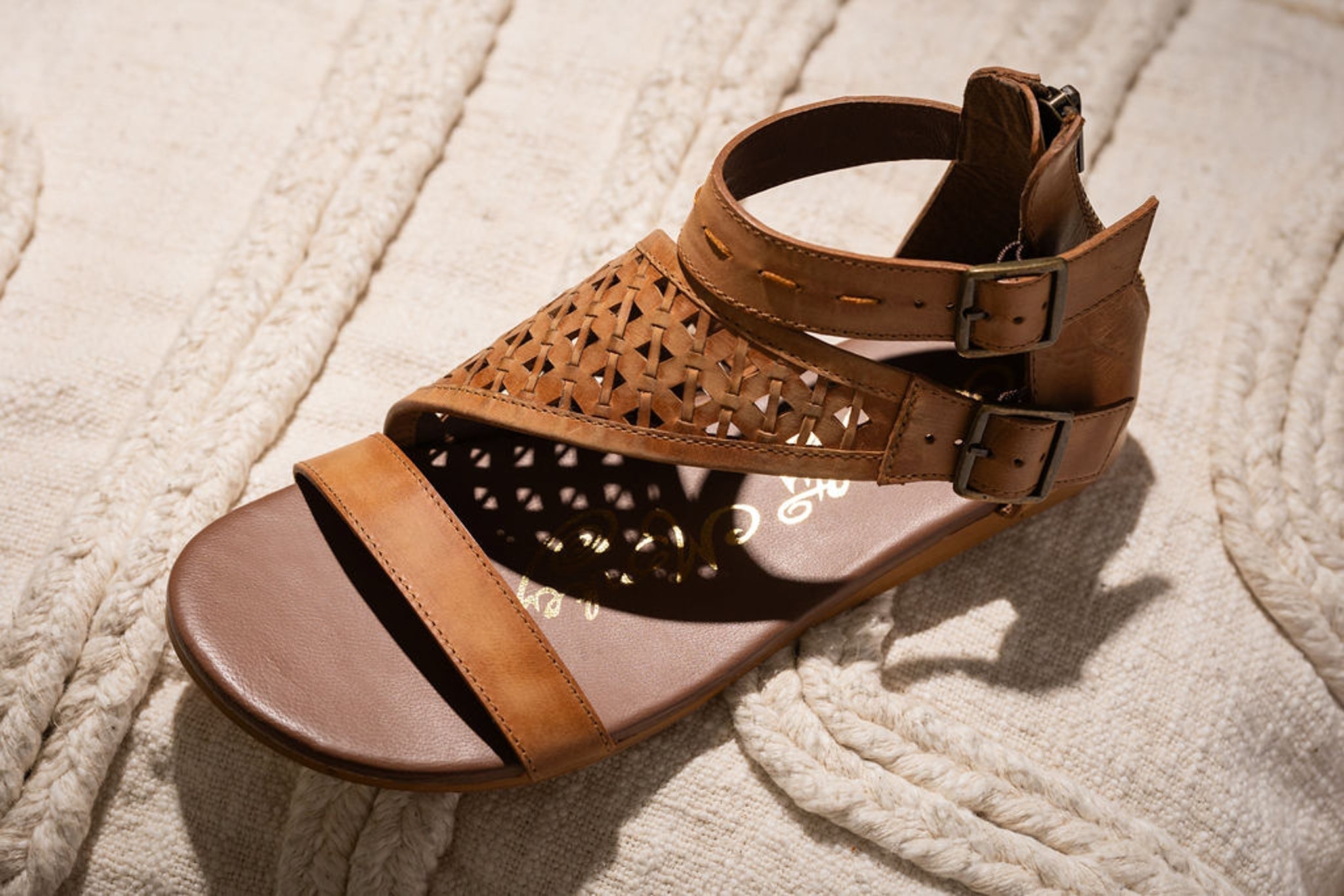 Nora Tan Sandals Flat Open Toe With Back Zipper And Straps Naughty Monkey