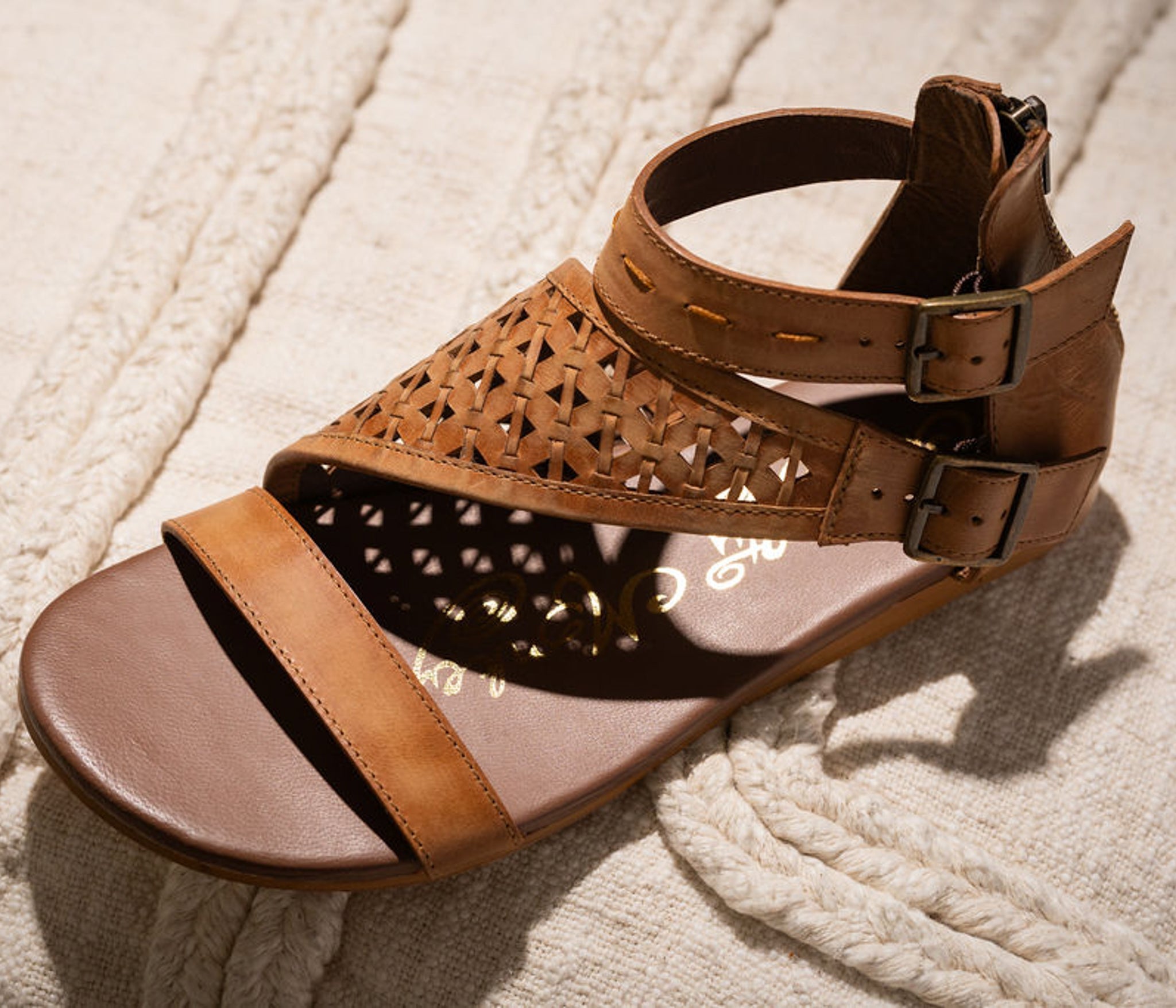 Nora Tan Sandals Flat Open Toe With Back Zipper And Straps Naughty Monkey