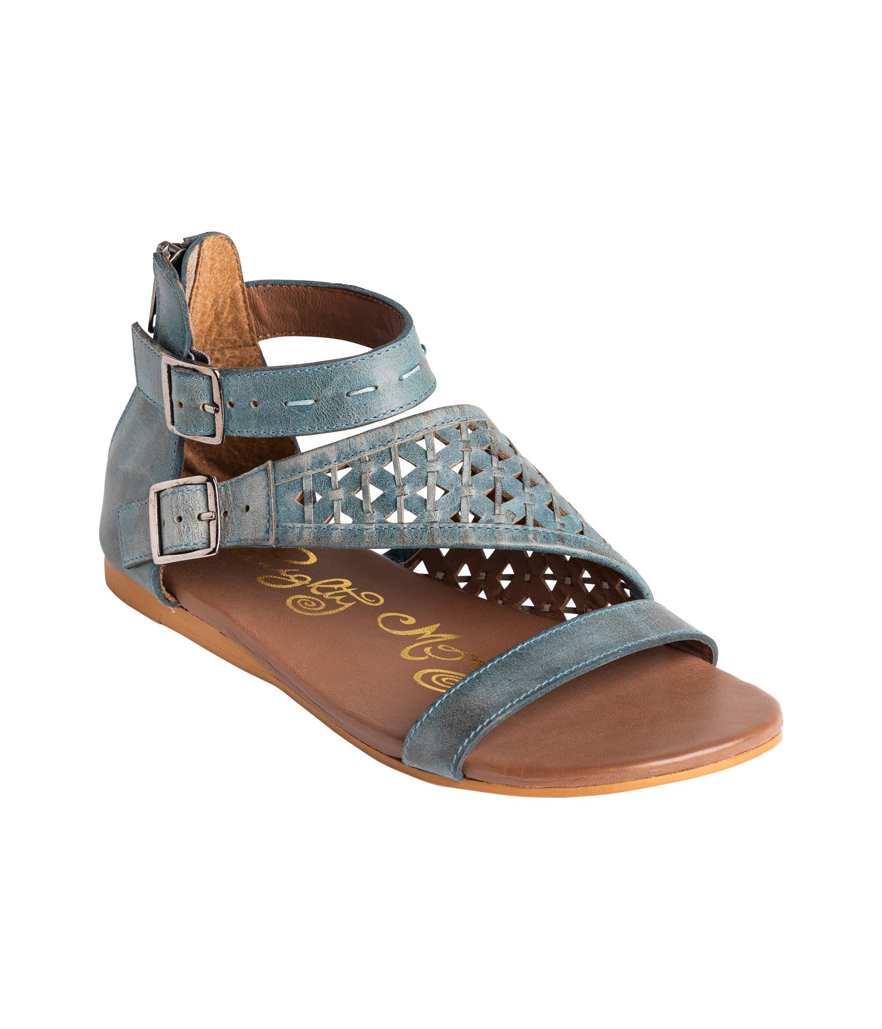 Nora Teal Sandals Open Toe Flat with Back Zipper Two Straps Naughty Monkey