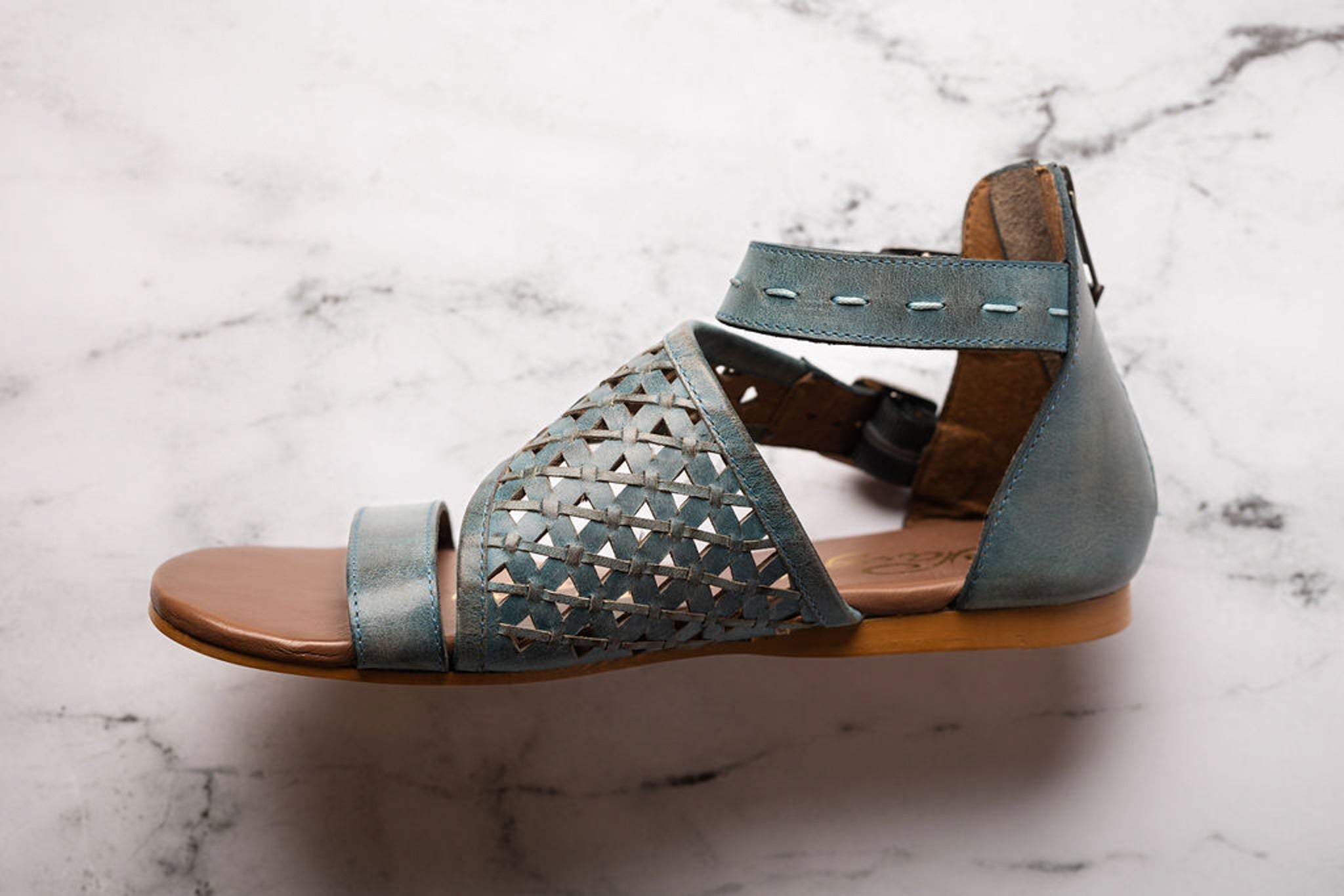 Nora Teal Sandals Open Toe Flat with Back Zipper Two Straps Naughty Monkey