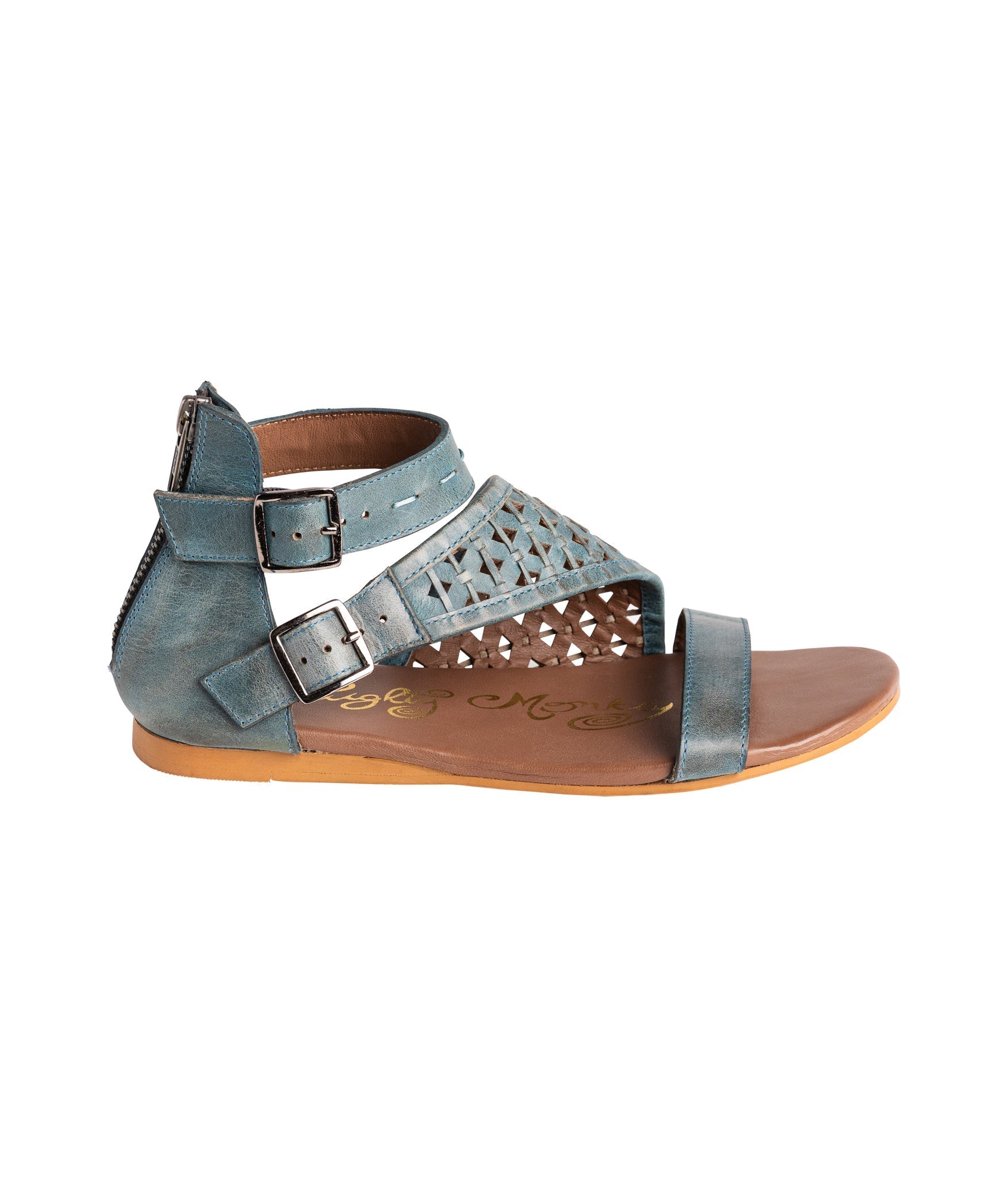 Nora Teal Sandals Open Toe Flat with Back Zipper Two Straps Naughty Monkey