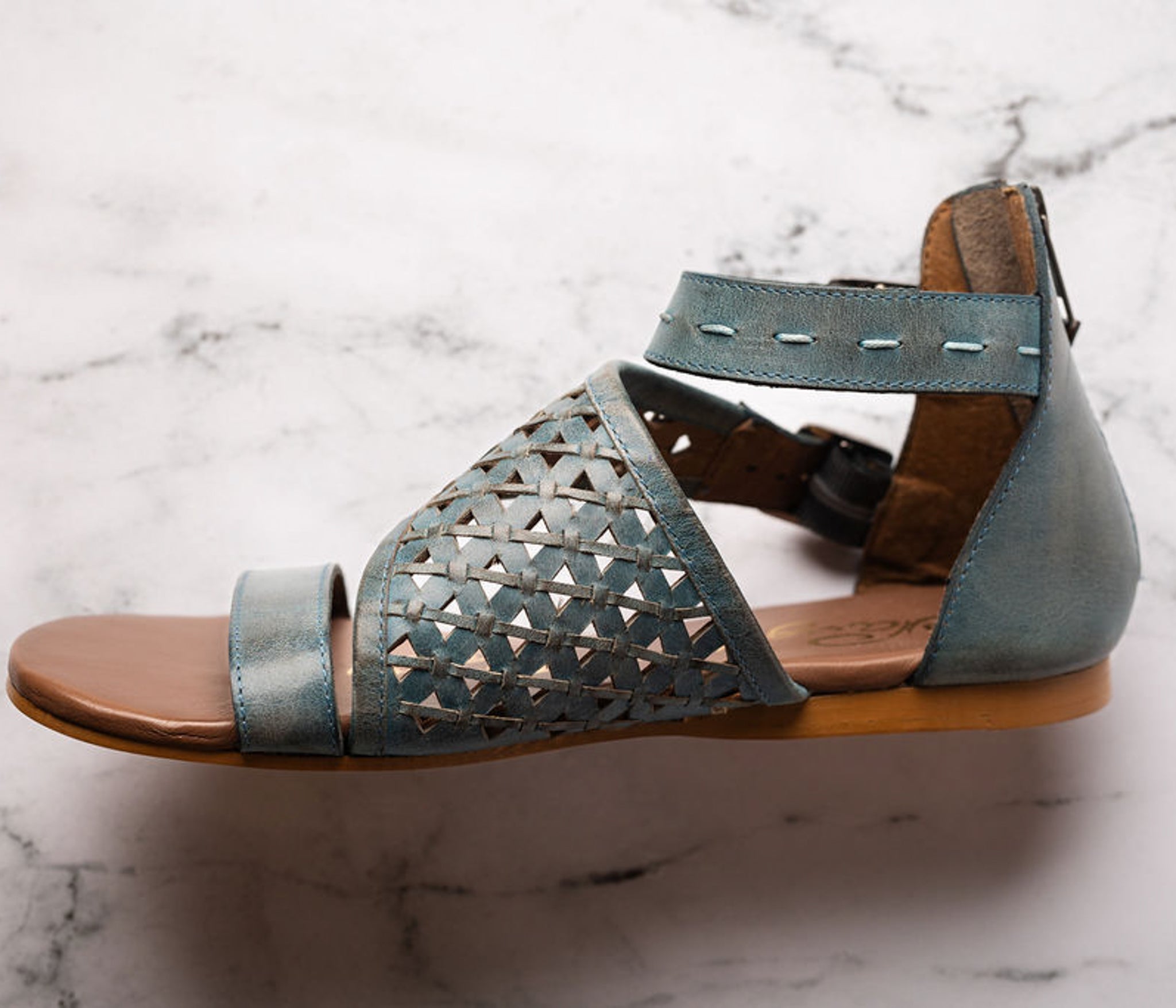 Nora Teal Sandals Open Toe Flat with Back Zipper Two Straps Naughty Monkey