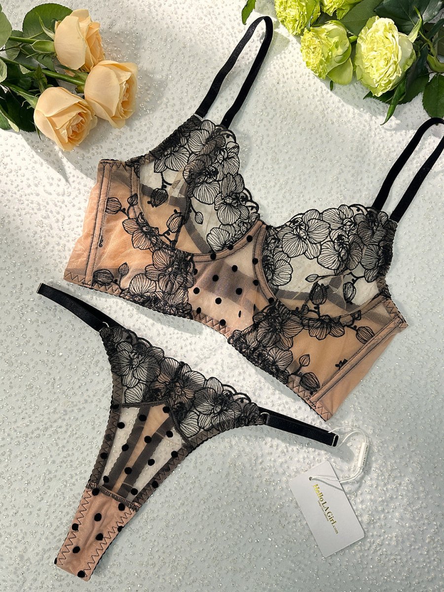Nude Black Spot Soft Lace Widen Side Lingerie Set - Love Salve