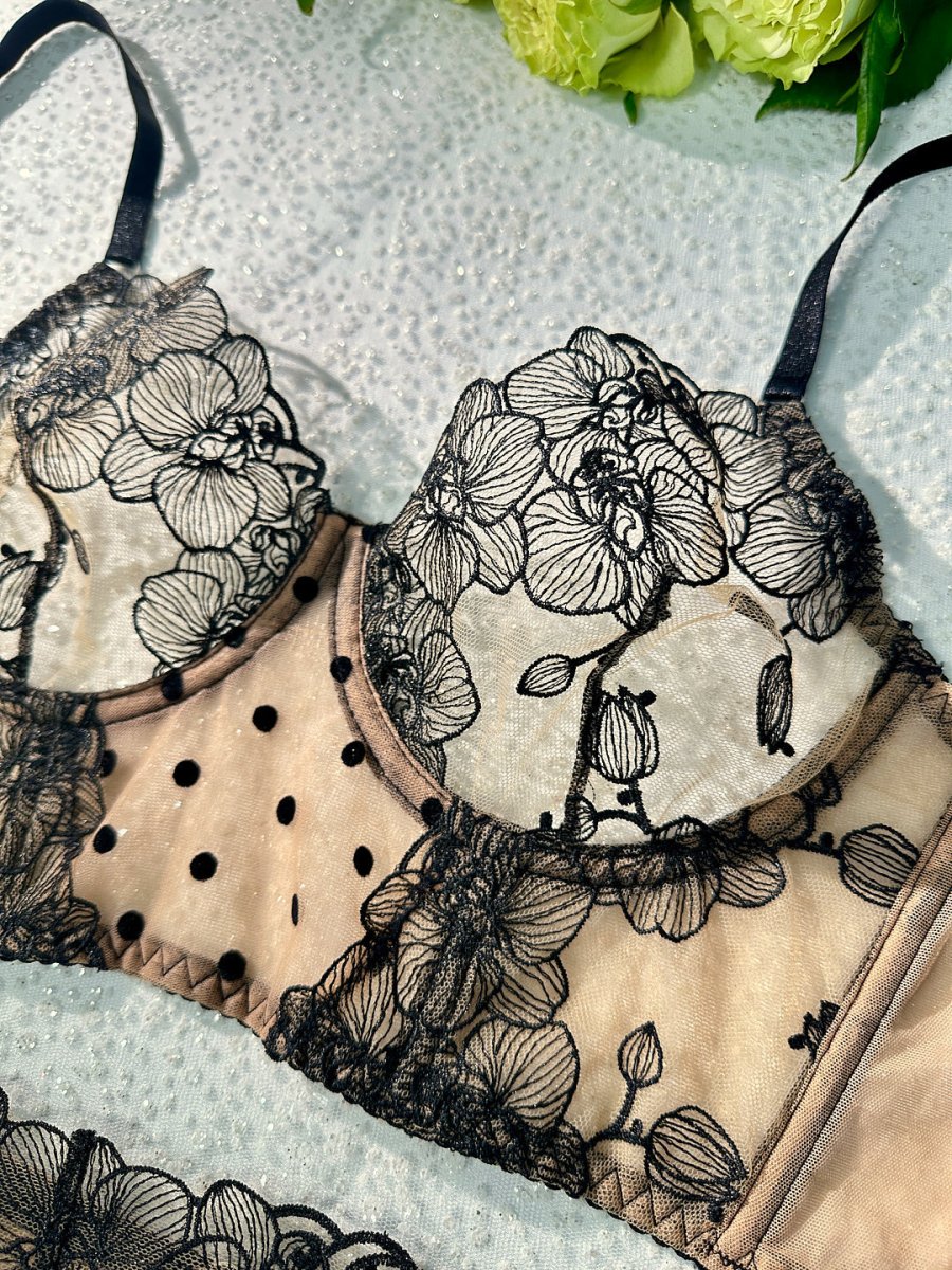 Nude Black Spot Soft Lace Widen Side Lingerie Set - Love Salve