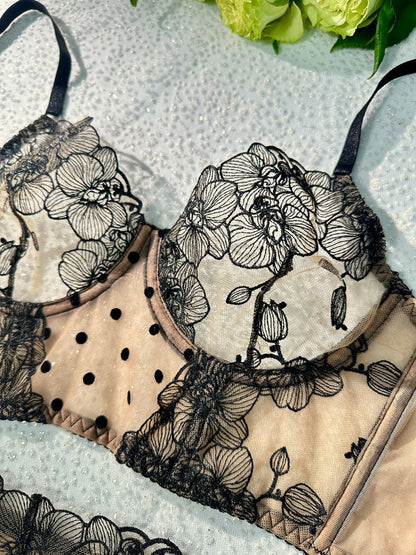 Nude Black Spot Soft Lace Widen Side Lingerie Set - Love Salve