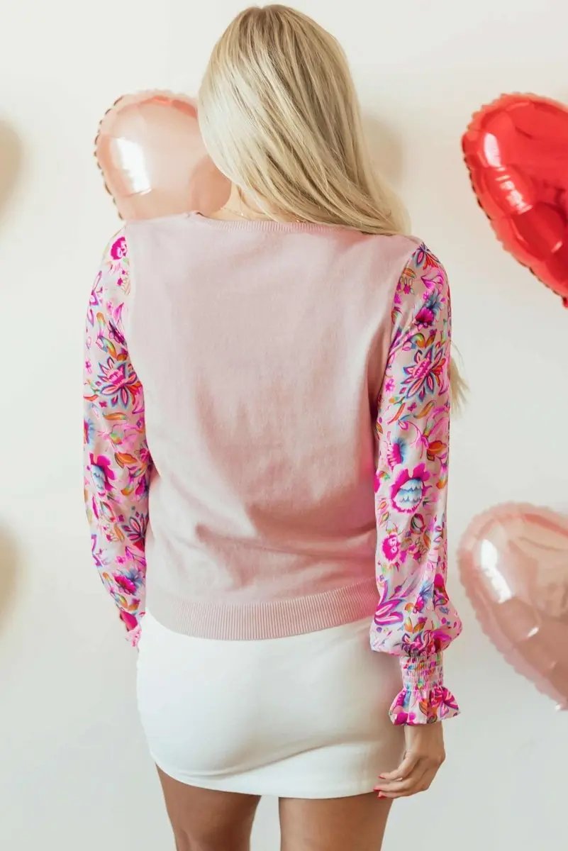 Oatmeal Floral Patchwork Smocked Long Sleeve Knit Top - Love Salve 