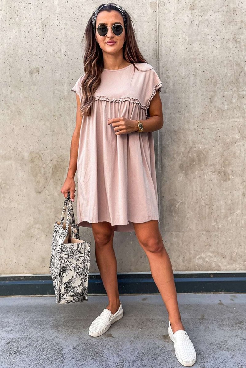 Oatmeal Frilled Trim Crew Neck Loose Fit Mini Dress Stylish - Love Salve 
