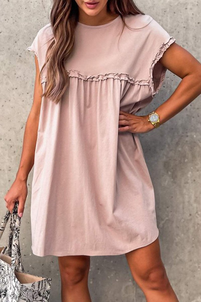 Oatmeal Frilled Trim Crew Neck Loose Fit Mini Dress Stylish - Love Salve 