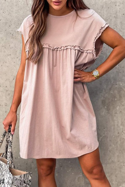 Oatmeal Frilled Trim Crew Neck Loose Fit Mini Dress Stylish - Love Salve 