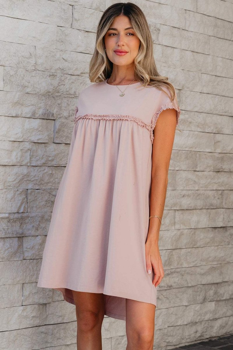 Oatmeal Frilled Trim Crew Neck Loose Fit Mini Dress Stylish - Love Salve 