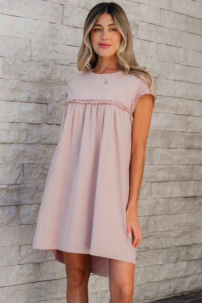 Oatmeal Frilled Trim Crew Neck Loose Fit Mini Dress Stylish - Love Salve 