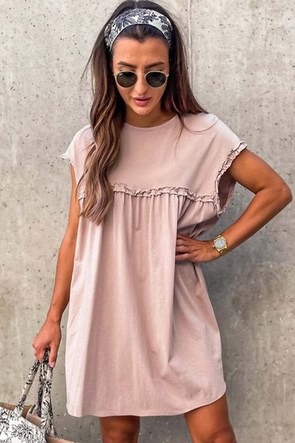 Oatmeal Frilled Trim Crew Neck Loose Fit Mini Dress Stylish - Love Salve 