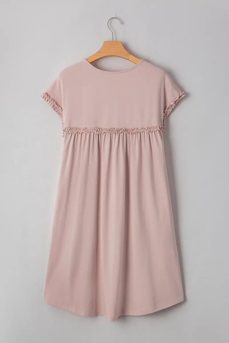 Oatmeal Frilled Trim Crew Neck Loose Fit Mini Dress Stylish - Love Salve 