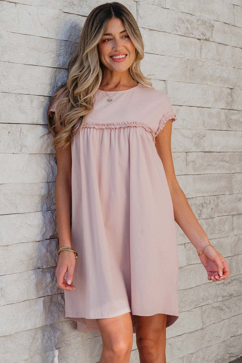 Oatmeal Frilled Trim Crew Neck Loose Fit Mini Dress Stylish - Love Salve 