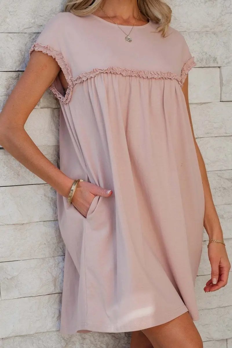 Oatmeal Frilled Trim Crew Neck Loose Fit Mini Dress Stylish - Love Salve 