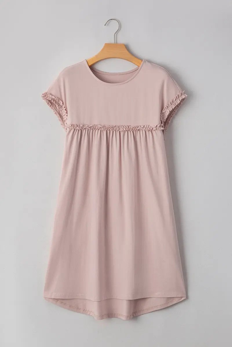 Oatmeal Frilled Trim Crew Neck Loose Fit Mini Dress Stylish - Love Salve 