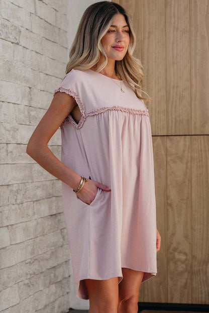 Oatmeal Frilled Trim Crew Neck Loose Fit Mini Dress Stylish - Love Salve 