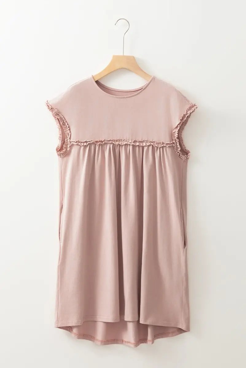 Oatmeal Frilled Trim Crew Neck Loose Fit Mini Dress Stylish - Love Salve 