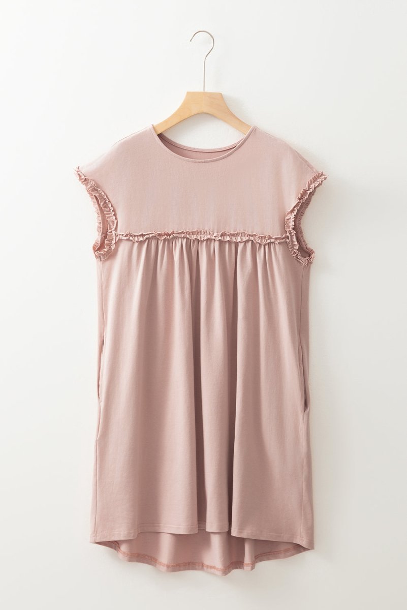 Oatmeal Frilled Trim Crew Neck Loose Fit Mini Dress Stylish - Love Salve 