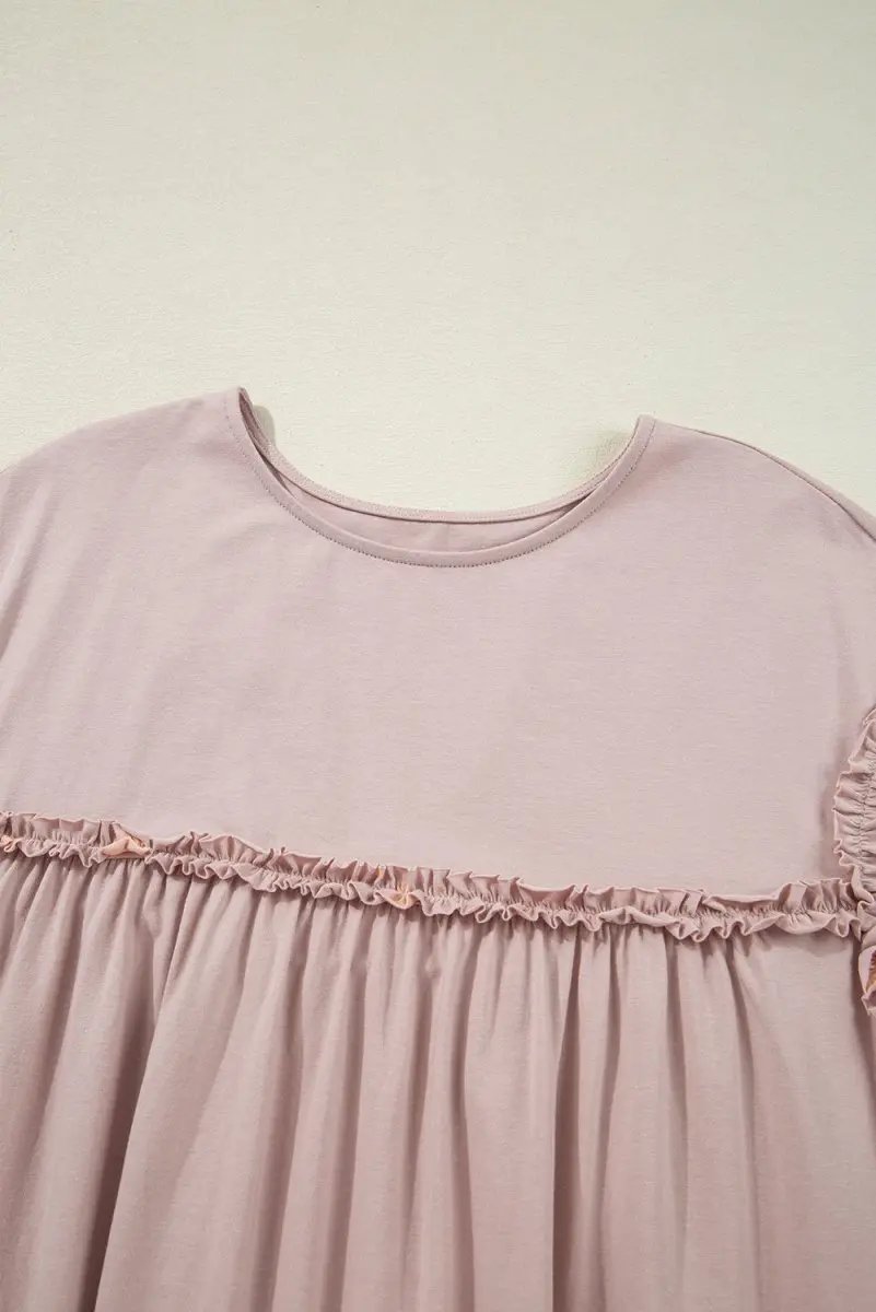 Oatmeal Frilled Trim Crew Neck Loose Fit Mini Dress Stylish - Love Salve 