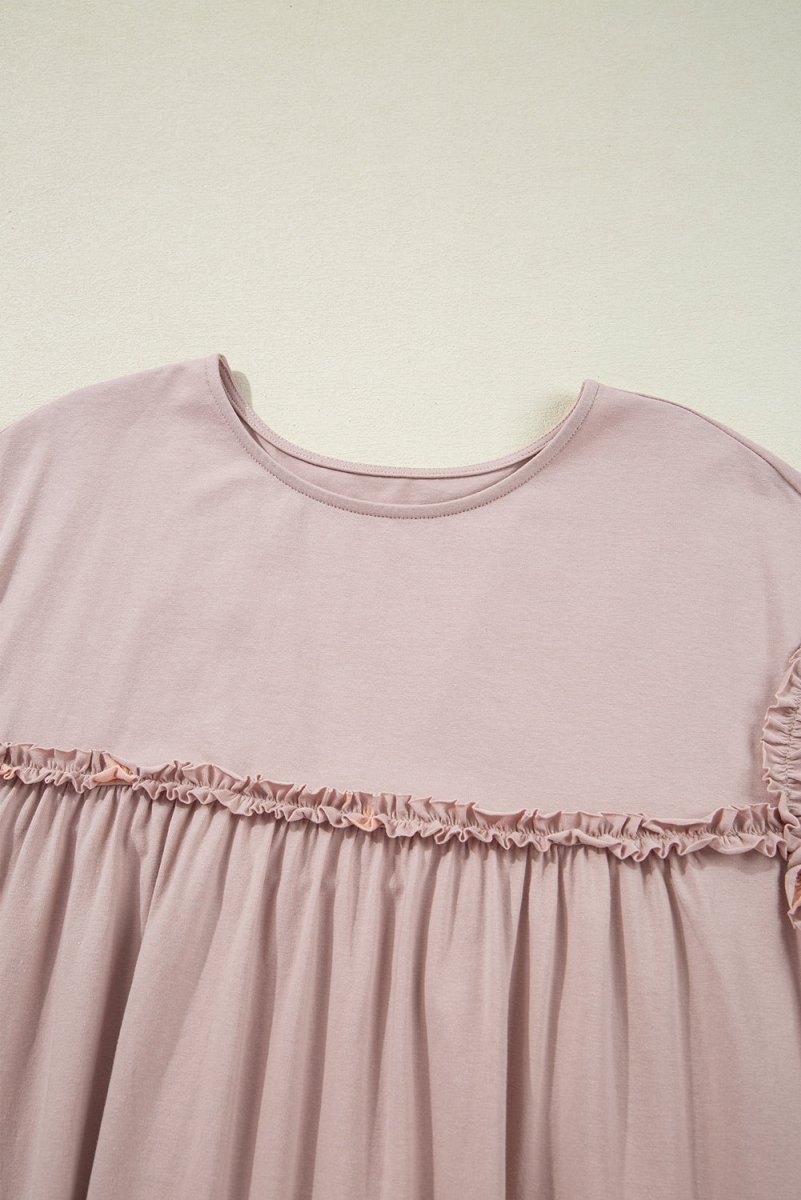 Oatmeal Frilled Trim Crew Neck Loose Fit Mini Dress Stylish - Love Salve 