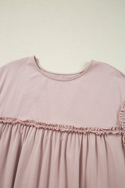 Oatmeal Frilled Trim Crew Neck Loose Fit Mini Dress Stylish - Love Salve 