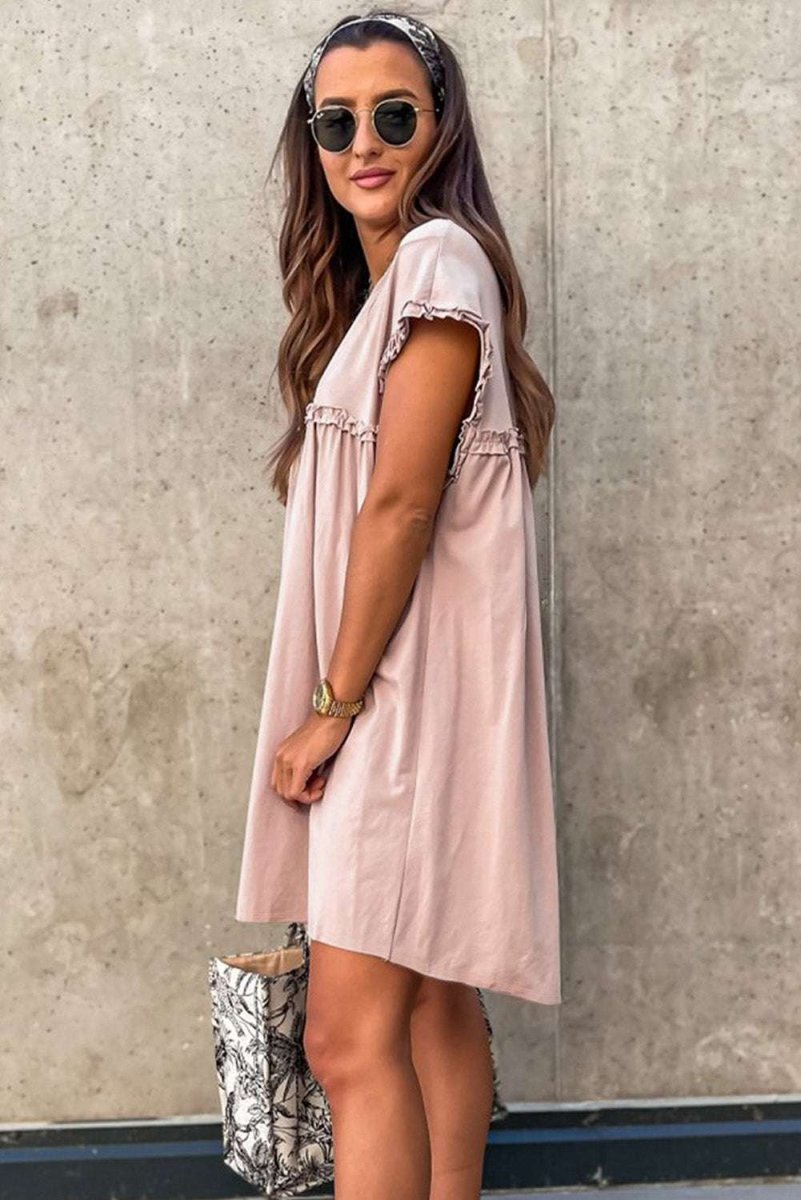 Oatmeal Frilled Trim Crew Neck Loose Fit Mini Dress Stylish - Love Salve 