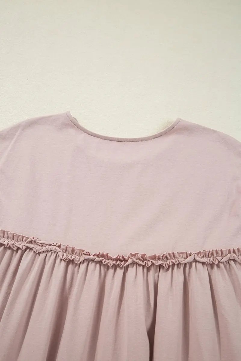 Oatmeal Frilled Trim Crew Neck Loose Fit Mini Dress Stylish - Love Salve 